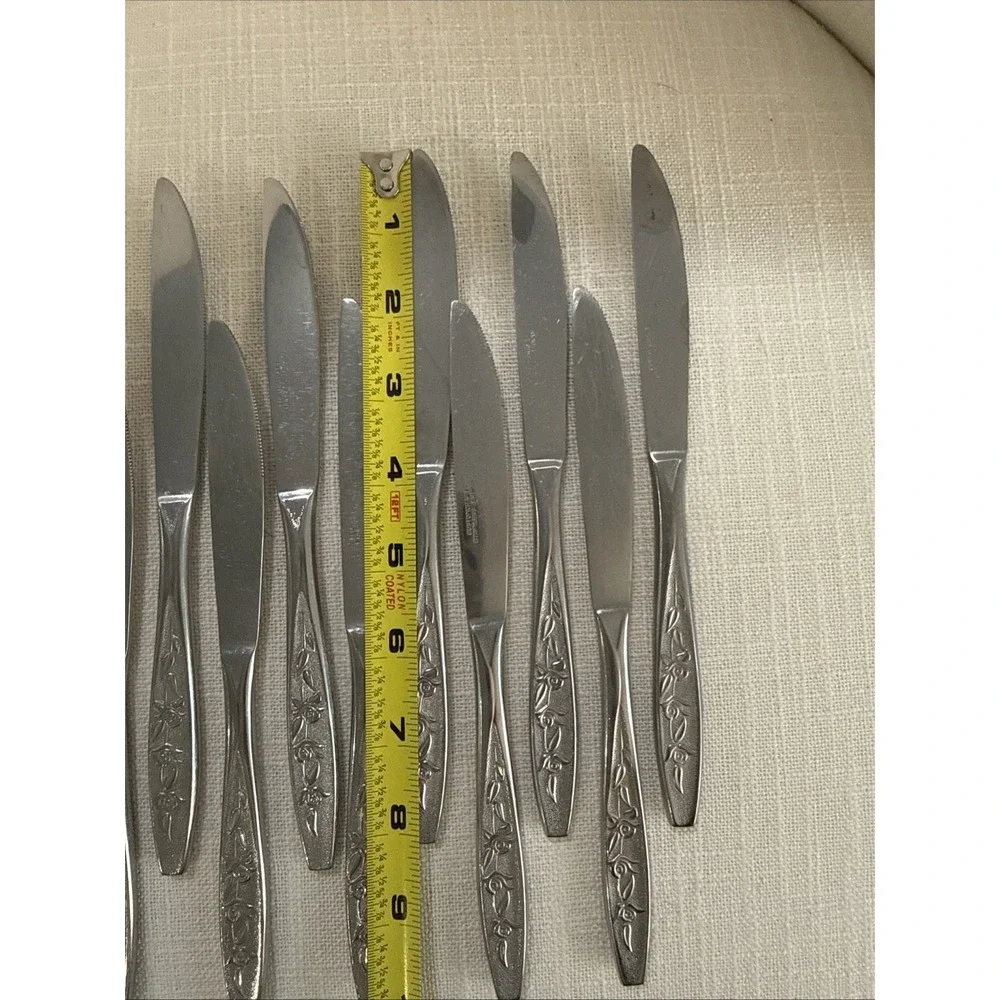 10 Customcraft CUS1 Stainless Textured Floral Rose Dinner Knife‎ Flatware 8 1/8